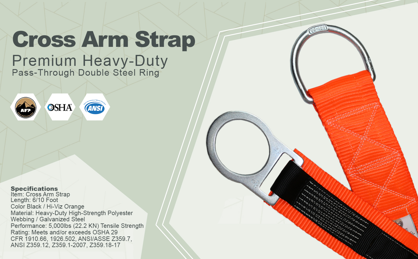 AFP Cross Arm Strap Premium Heavy-Duty Pass-Through Double Steel Ring OSHA/ANSI
