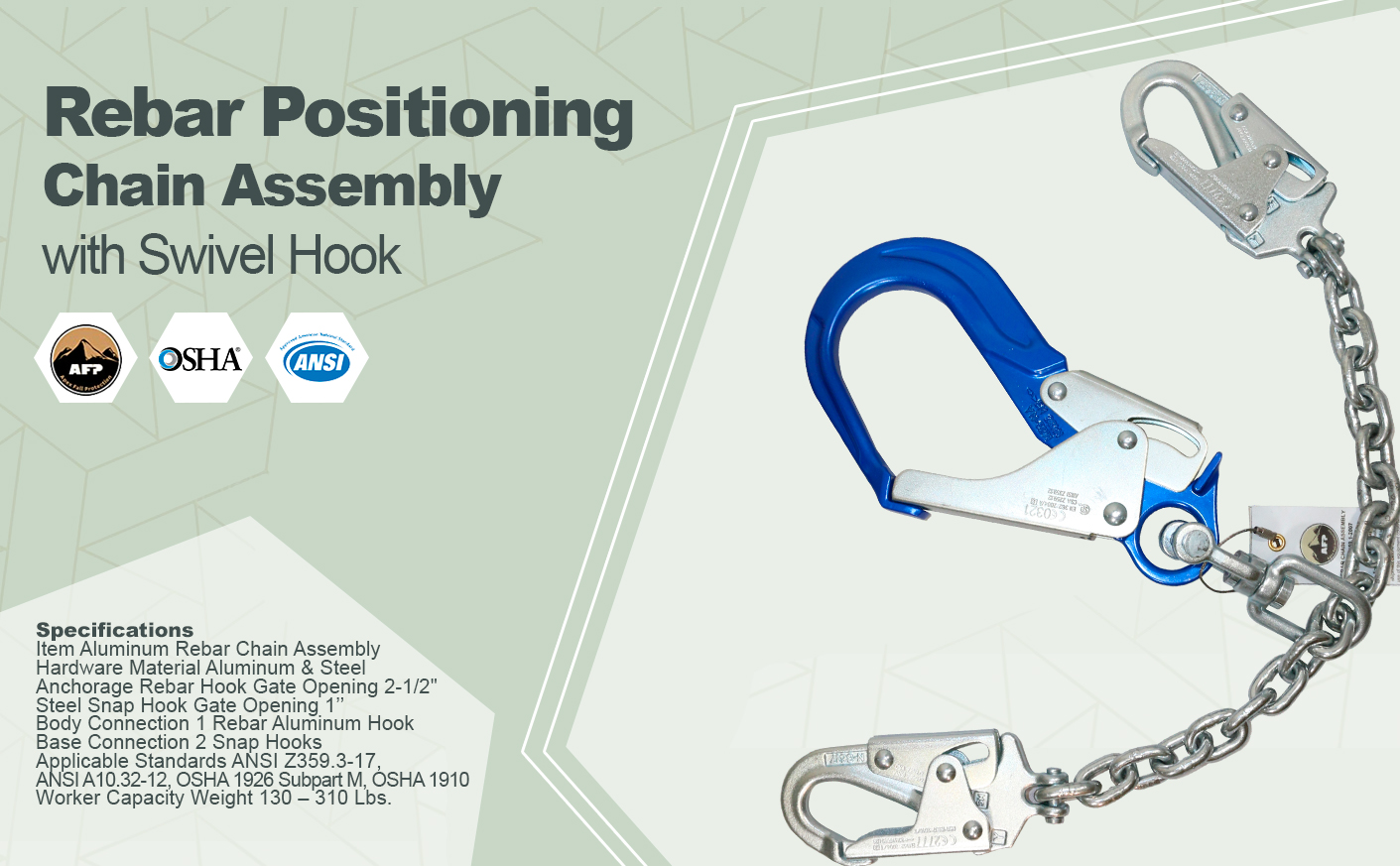AFP Heavy-Duty 26’’ Aluminum Rebar Positioning Chain Assembly with Swivel & Steel Snap Hooks, Safety Fall Protection Positioning Restraint (OSHA/ANSI) PPE