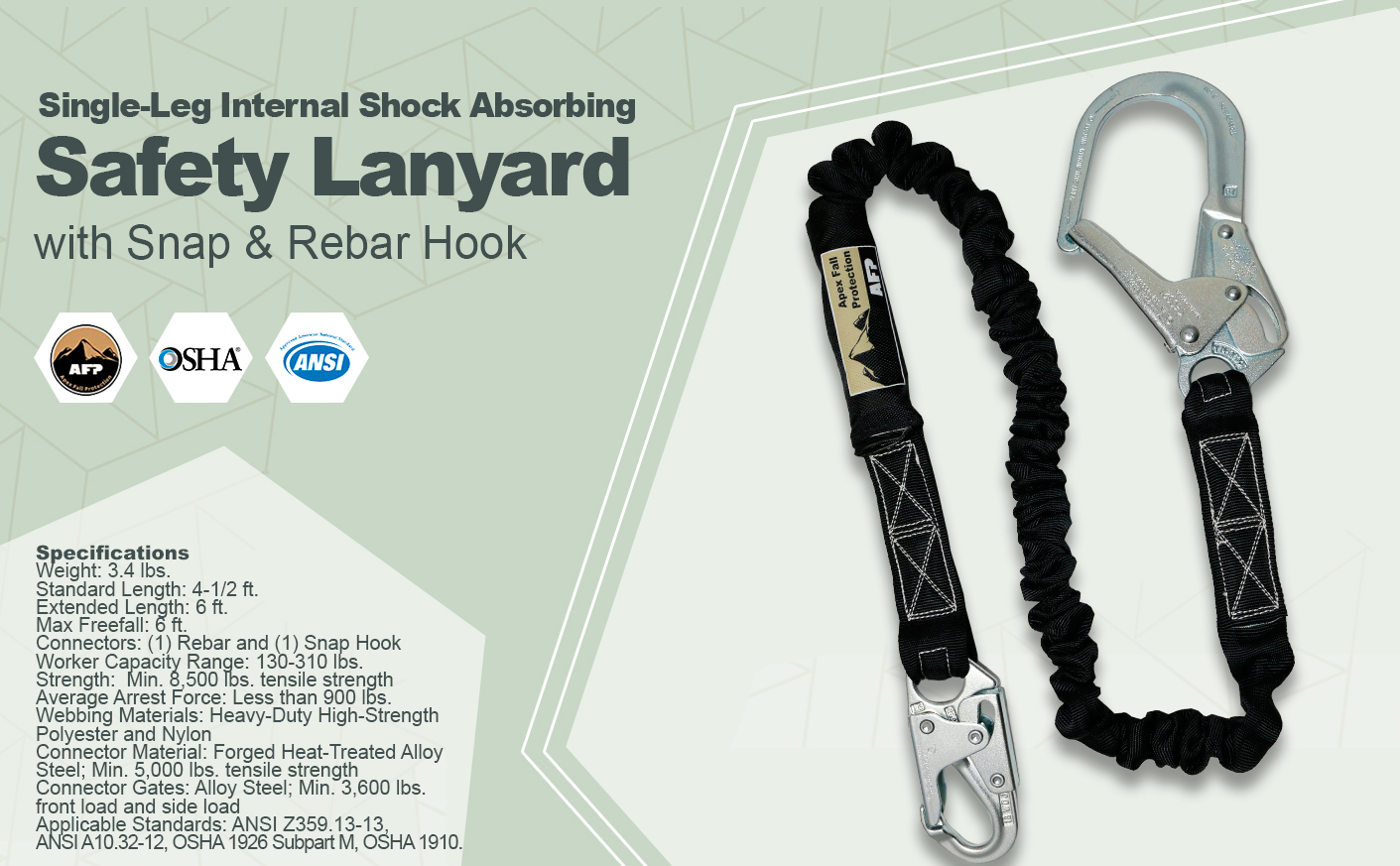 6 FT Single Leg Internal Shock Absorbing Lanyard with Snap & Rebar Hook