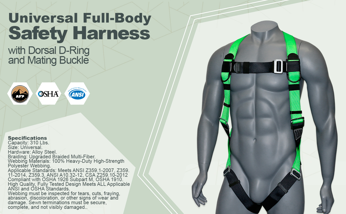 AFP Universal Full-Body Safety Harness with Dorsal D-Ring and Mating Buckle Legs High-Visibility Green (OSHA/ANSI Compliant) Quick One Safety