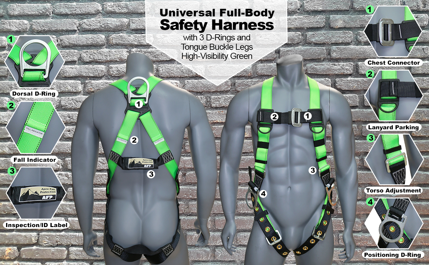 AFP Universal Full-Body Safety Harness with 3 D-Rings and Tongue Buckle Legs High-Visibility Green (OSHA/ANSI Compliant) Quick One Safety
