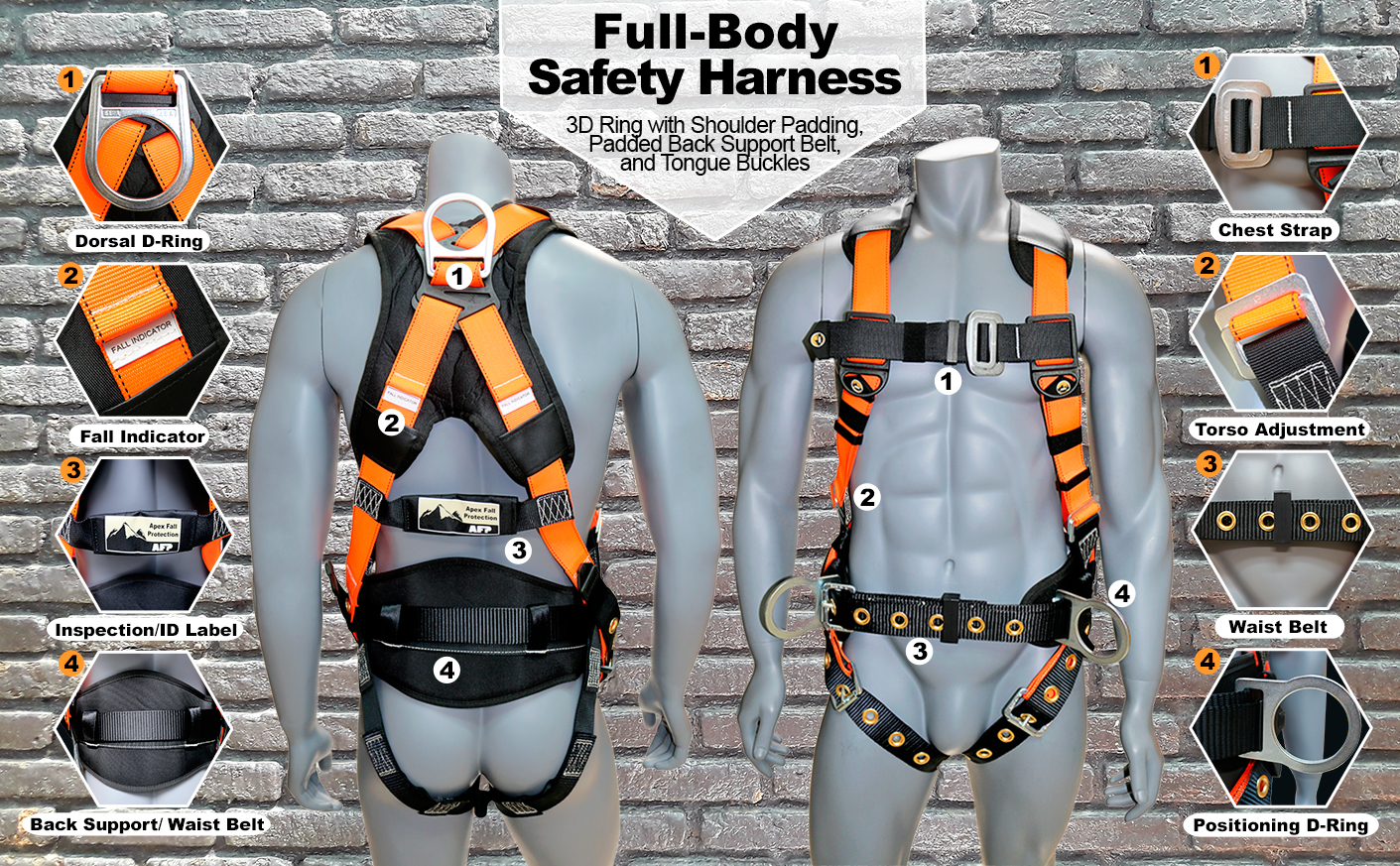 AFP Full-Body Safety Harness 3D Ring With Shoulder Padding, Padded Back Support Belt, And Tongue Buckles (OSHA/ANSI Compliant)