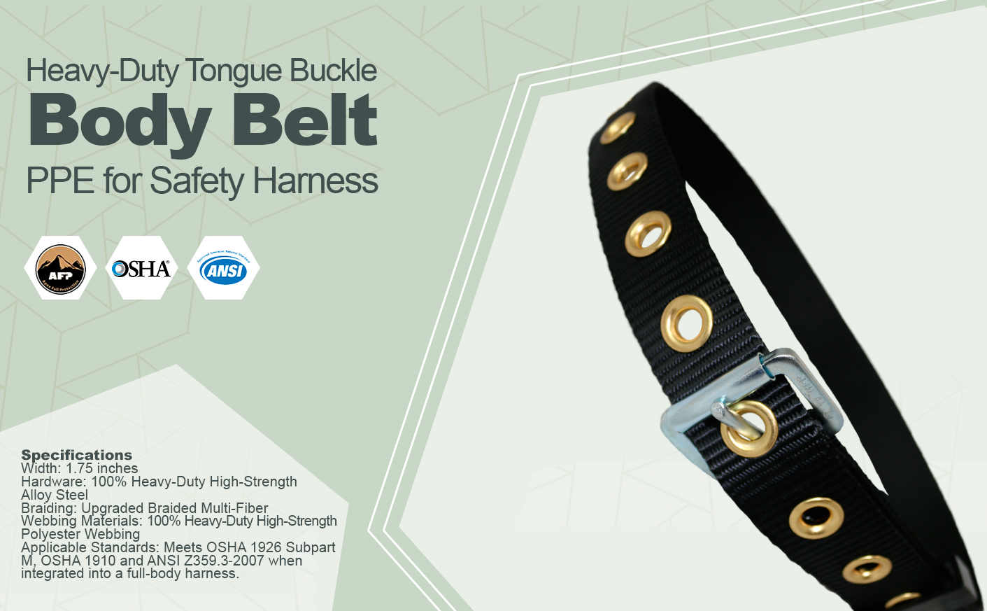 AFP Heavy-Duty Tongue Buckle Body Belt, PPE for Safety Harness, Work Positioning Restraint (OSHA/ANSI Compliant), 1.75'' Wide Quick One Safety