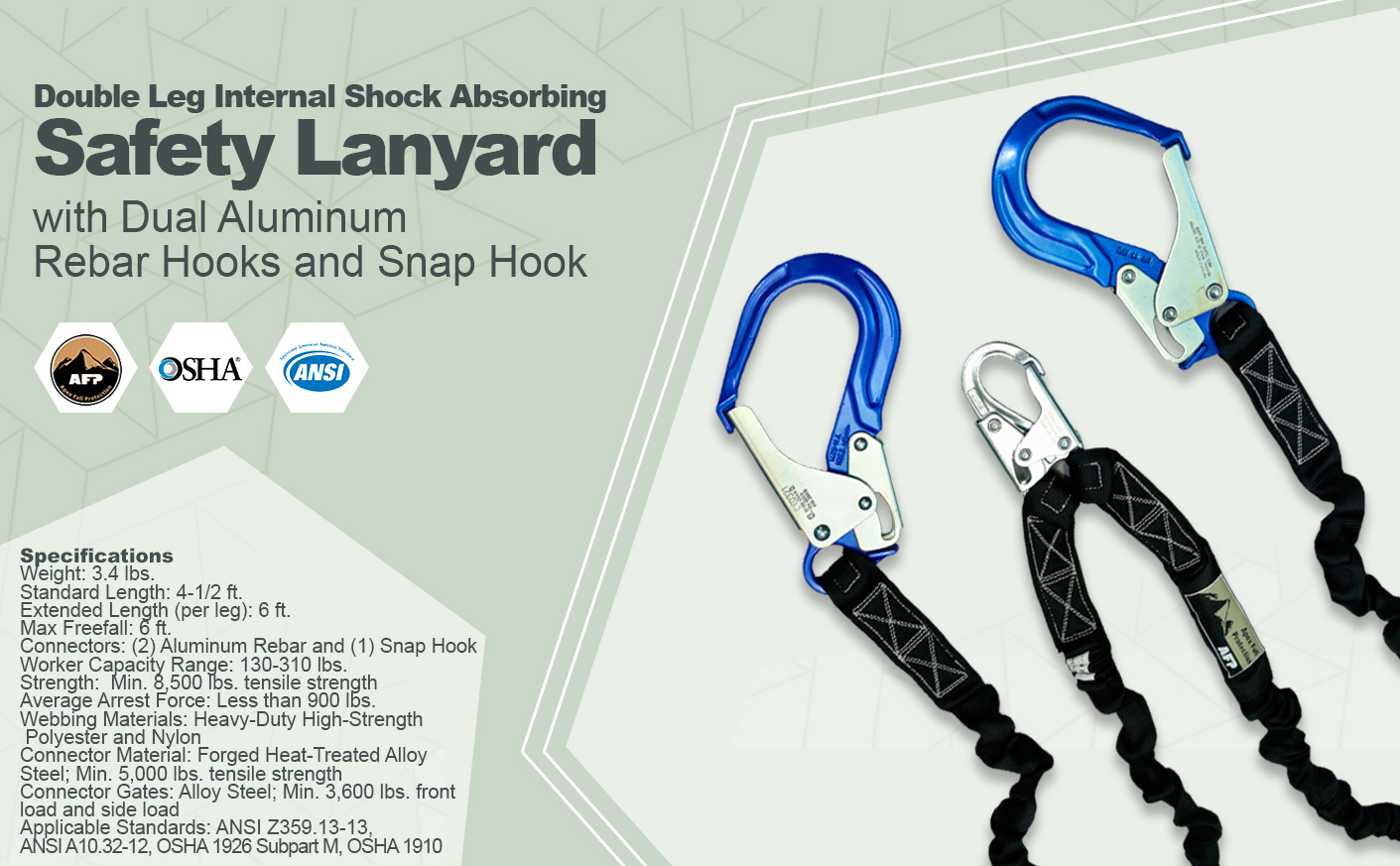 6 Foot Double Leg Internal Shock Absorbing Lanyard With Two Rebar Hooks and One Steel Snap Hook OSHA/ANSI Compliant 
