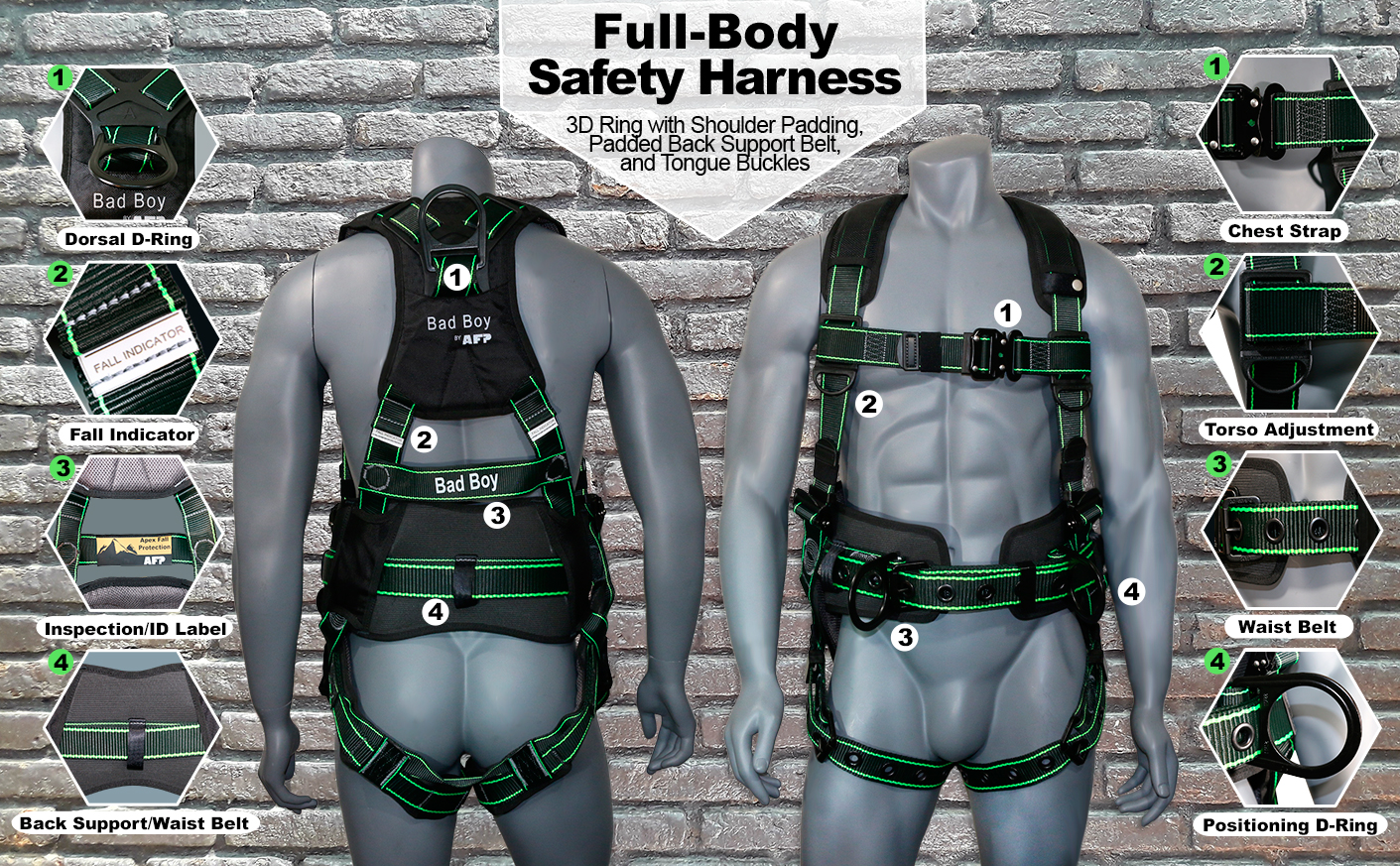 AFP Fall Protection Premium Black Safety Harness w/ Hi-Viz Lime Stitches, Vented & Padded Shoulder, Legs and Back, 8” Thick Back Support Belt, 3 D-Rings, Tongue Buckle, Quick Release (OSHA/ANSI PPE) Quick One Safety