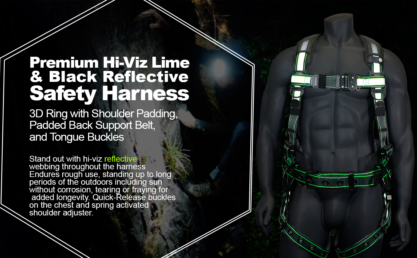 AFP-Fall-Protection-Premium-Hi-Viz-Lime-Black-Reflective-Safety-Harness-Vented-Padded-Shoulder-Legs-Back-8-Thick-Back-Support-Belt-3-D-Rings-Tongue-Buckle-Quick-Release-OSHA-ANSI-PPE