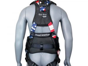 AFP Fall Protection Full-Body Premium American Flag Safety Harness, Vented & Padded Shoulder, Legs & Back, 8” Thick Back Support Belt, Aluminum D-Rings, Tongue Buckle, Quick Release (OSHA/ANSI PPE) Quick One Safety BAD BOY / PROUD AMERICAN / USA FLAG