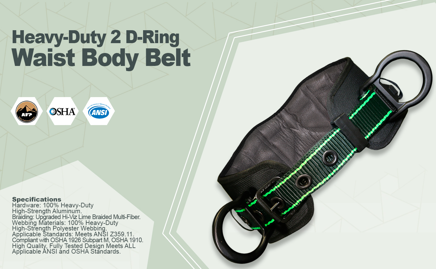 AFP Heavy-Duty 2 D-Ring Aluminum Hardware, Premium Thick 8’’ Padded Back Support Waist Body Belt w/ Tongue Buckle & Hi-Viz Premium Stitching, Fall Protection Work Positioning Restraint (OSHA/ANSI PPE). 