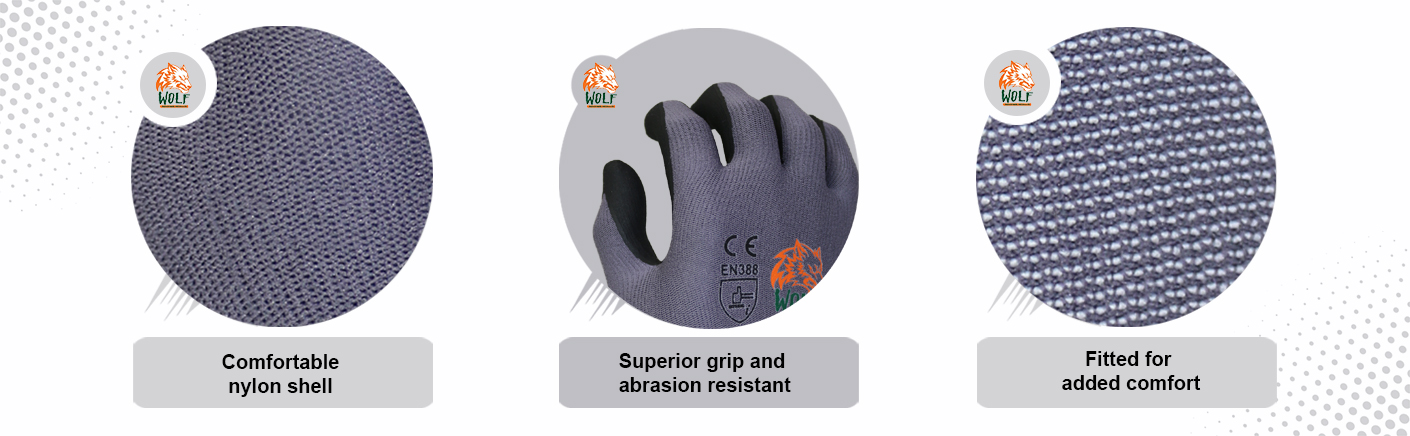 WOLF Cut Resistant Breathable Nitrile Foam Grip Palm Seamless Glove Quick One Safety