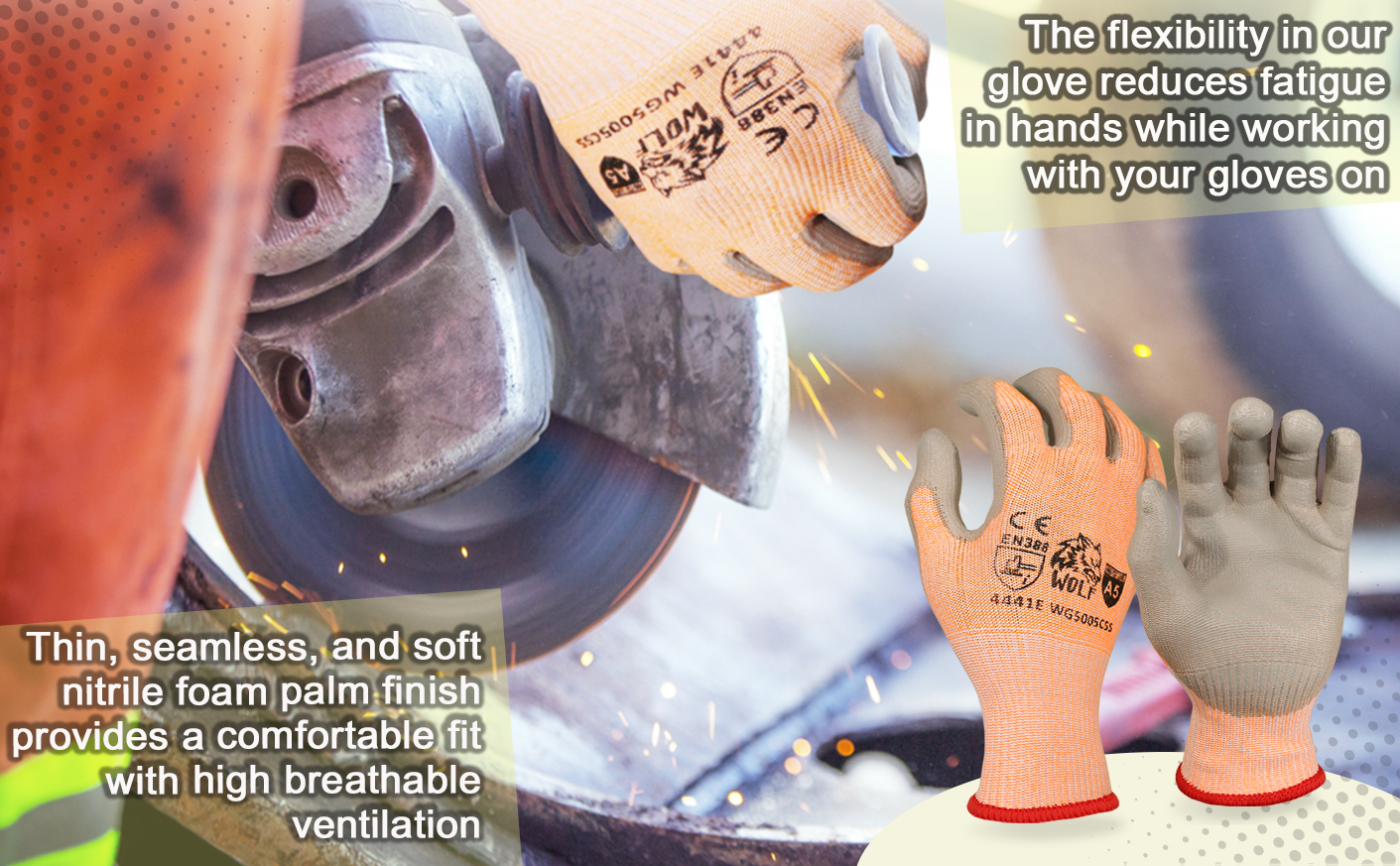 WOLF Hi-Viz Orange A5 Cut Resistant Breathable Polyethylene Grip Palm Seamless Glove Quick One Safety