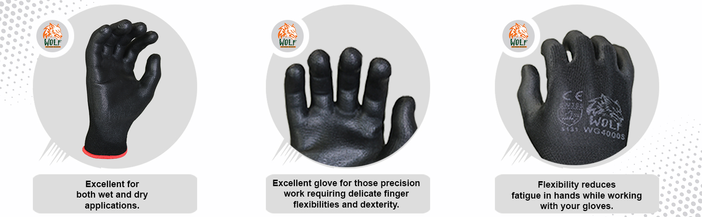 WOLF Ultra-Thin Breathable 13-gauge Black Polyurethane Palm Coated Safety Glove Quick One Safety