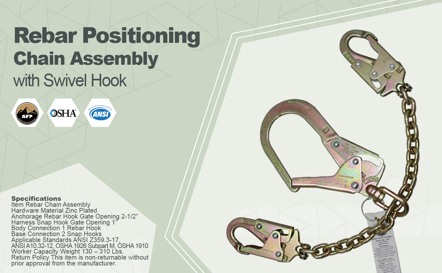 AFP Heavy-Duty 26’’ Gold Zinc Plated Rebar Positioning Chain Assembly with Swivel & Steel Snap Hooks, Safety Fall Protection Positioning Restraint (OSHA/ANSI) PPE