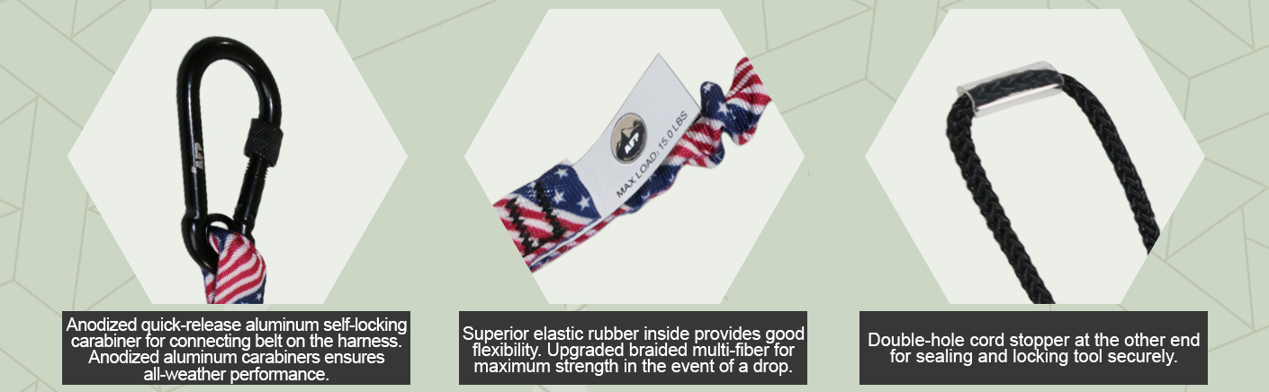 AFP American Flag Tool Lanyard, Shock Absorbing w/ Aluminum Self-Locking Carabiner and Adjustable Loop, 15lb Weight Capacity